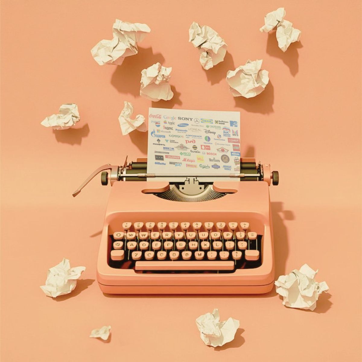 Coral typewriter producing a sheet of brand logos